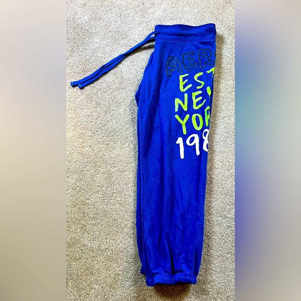Aero Y2K Blue Capri Joggers with Neon Green and White Print - Picture 2 of 7